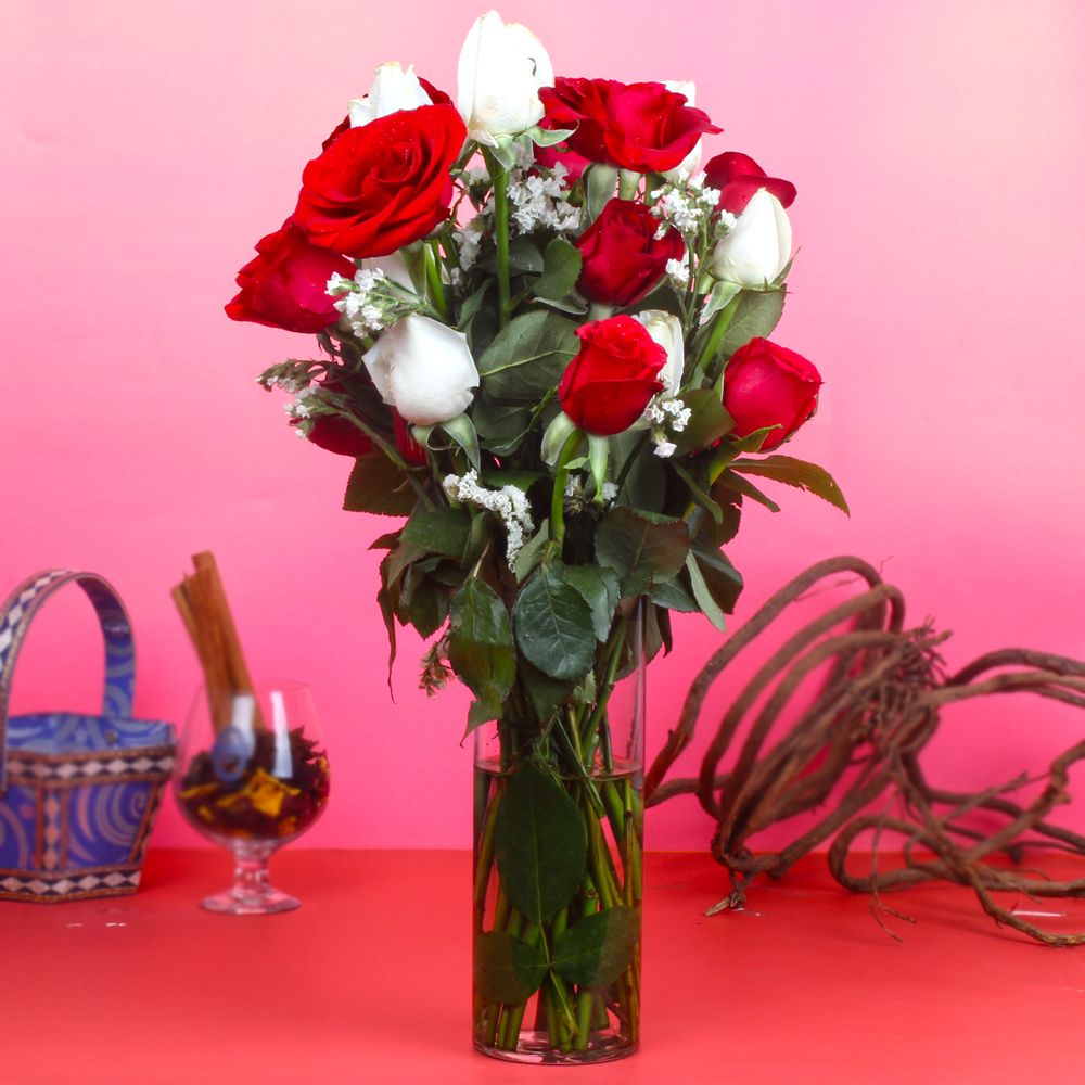 Red and White Roses in Vase Arrangement