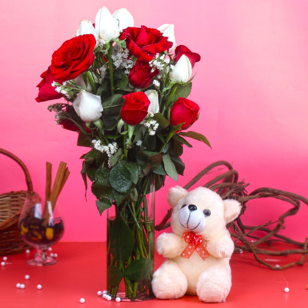 Teddy Bear with Red and White Roses in Vase Arrangement