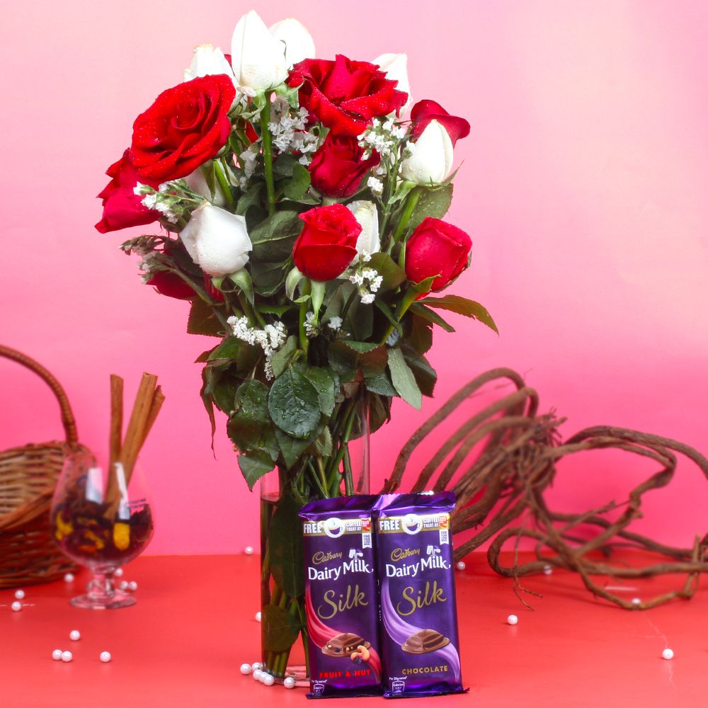 Cadbury Dairy Milk Silk Chocolate with Red and White Roses in Vase Arrangement