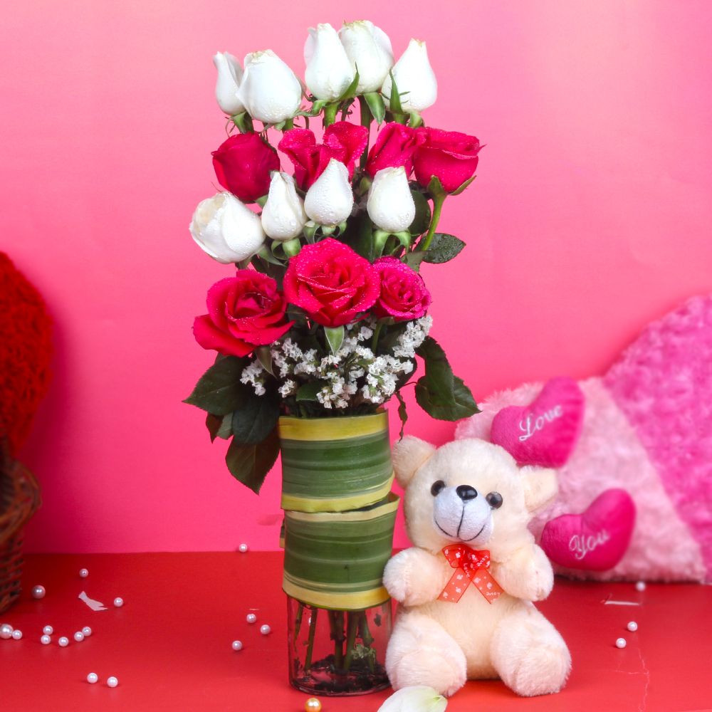 Teddy Bear with Pink and White Roses Arrangement