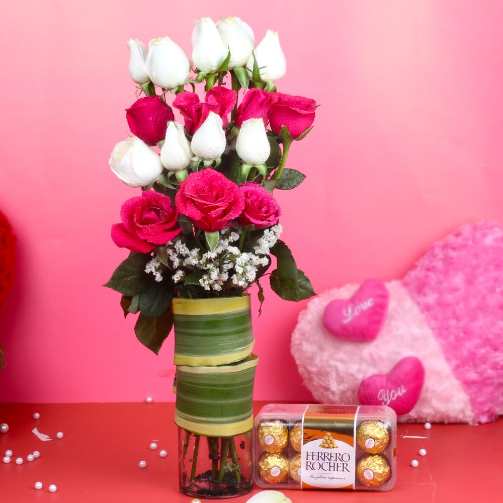 Ferrero Rocher Chocolate with Pink and White Roses Arrangement