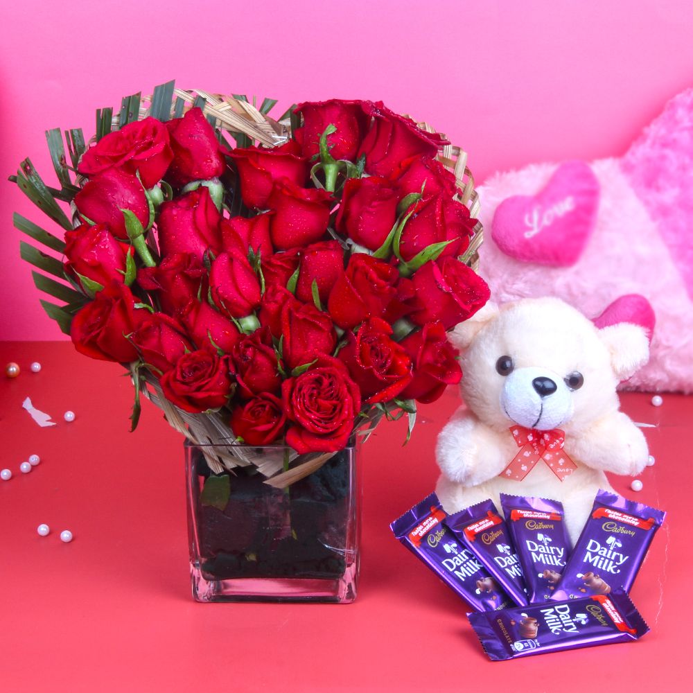 Cabury Dairy Milk Chocolate with Teddy Bear and Heart Shape Roses Arrangement