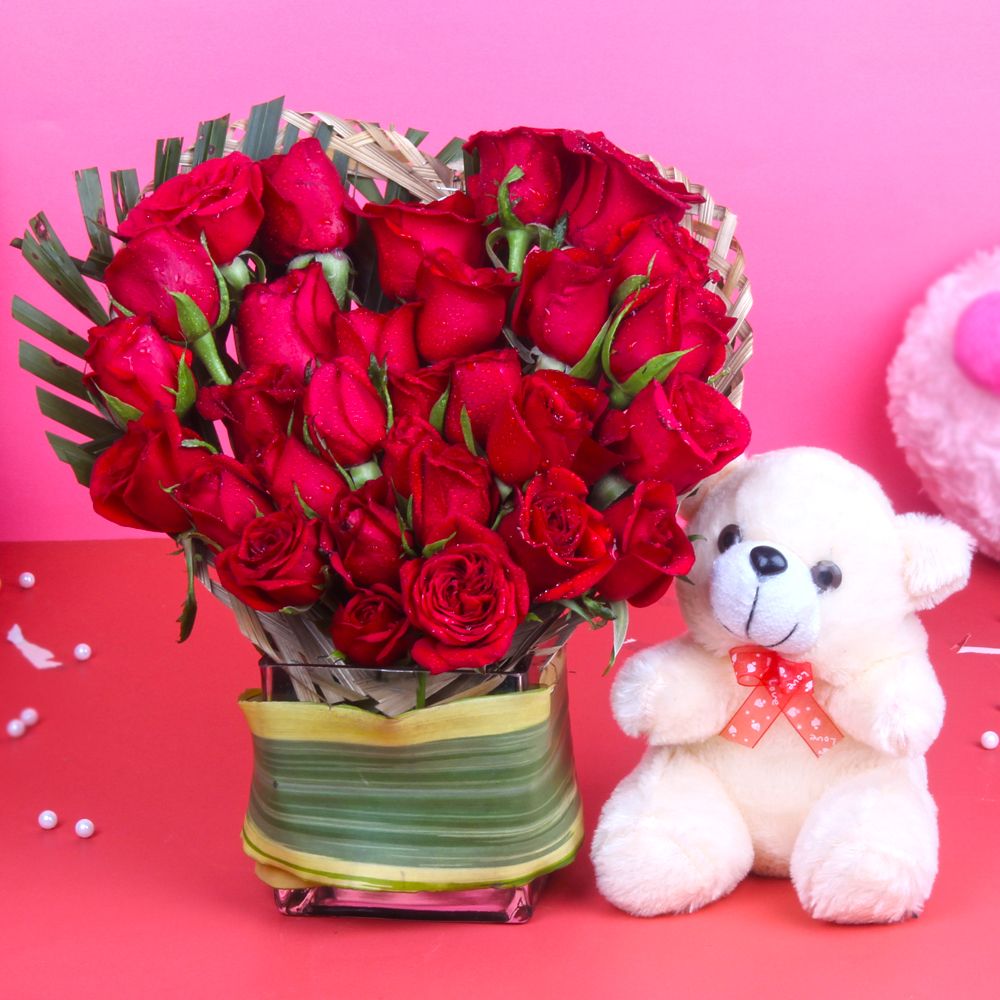 Teddy Bear with Heart Shape Red Roses Arrangement