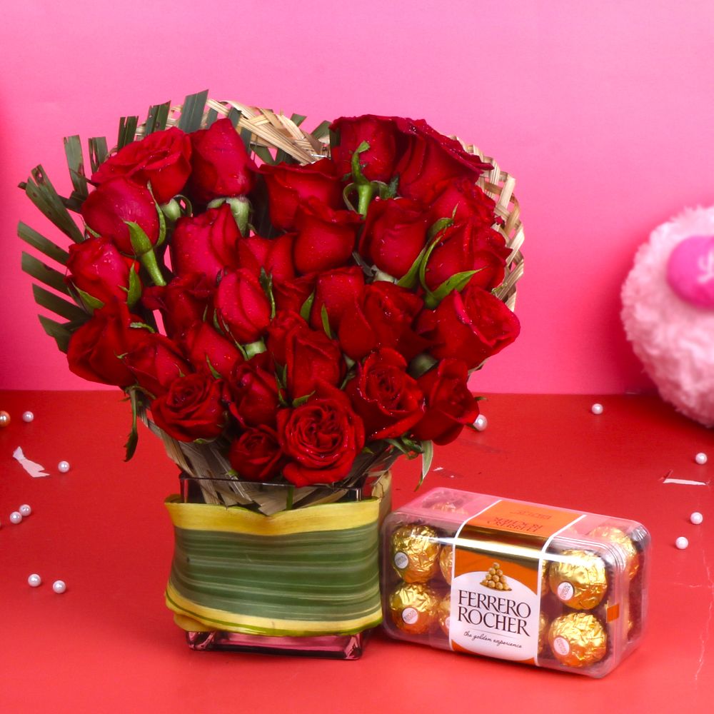 Ferrero Rocher Chocolate with Heart Shape Red Roses Arrangement
