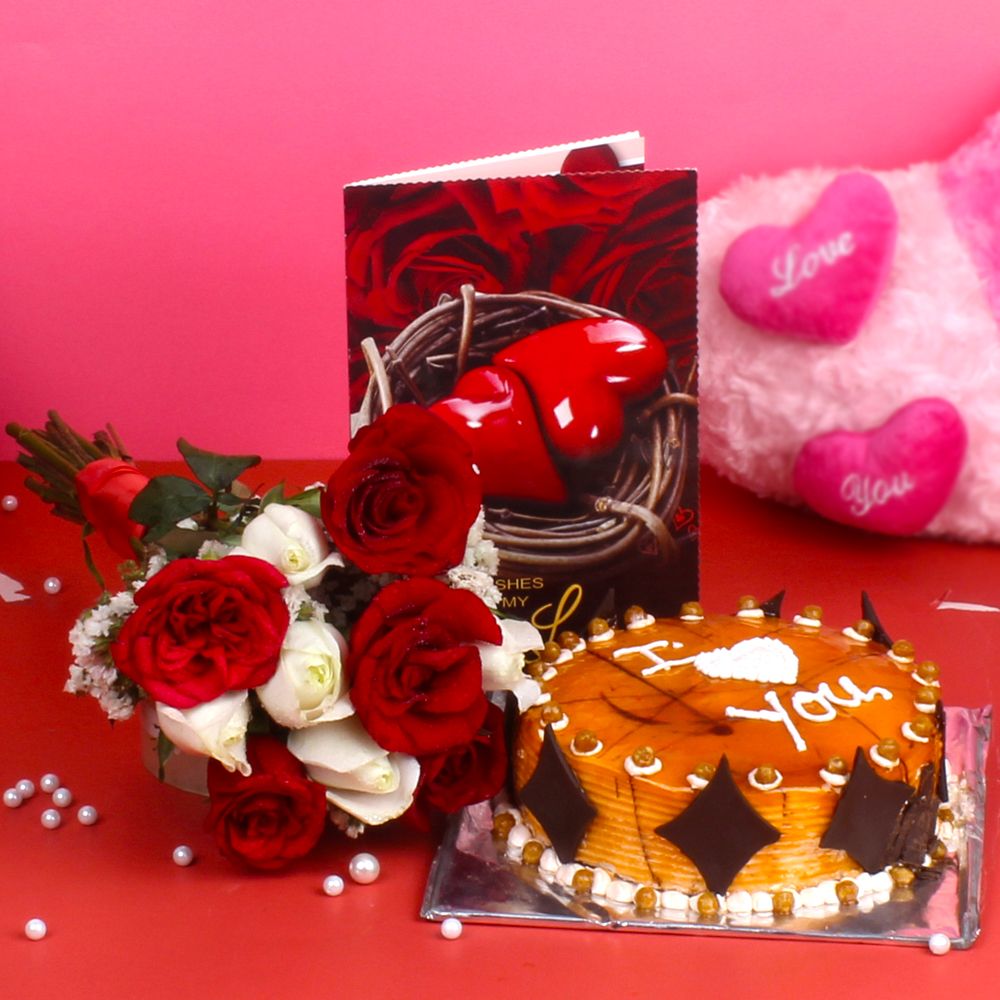Roses Bouquet with Butterscotch Cake and Love Greeting Card