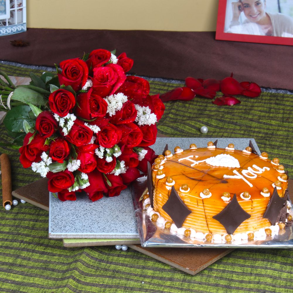 One Kg Butterscotch Cake with Red Roses Bouquet