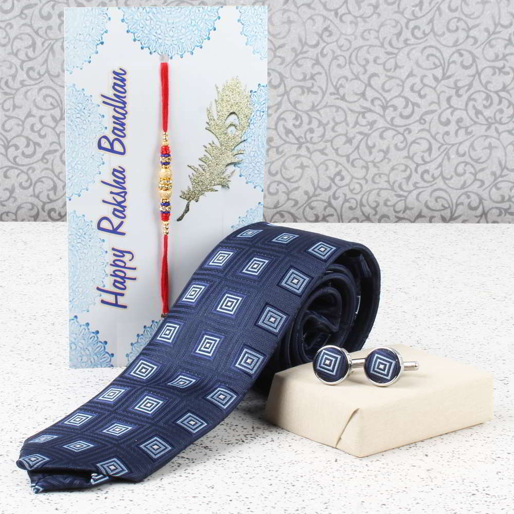 Navy Blue Weaved Printed Tie and Cufflink Rakhi Set-USA