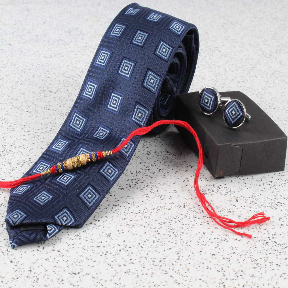 Navy Blue Weaved Printed Tie and Cufflink Rakhi Set