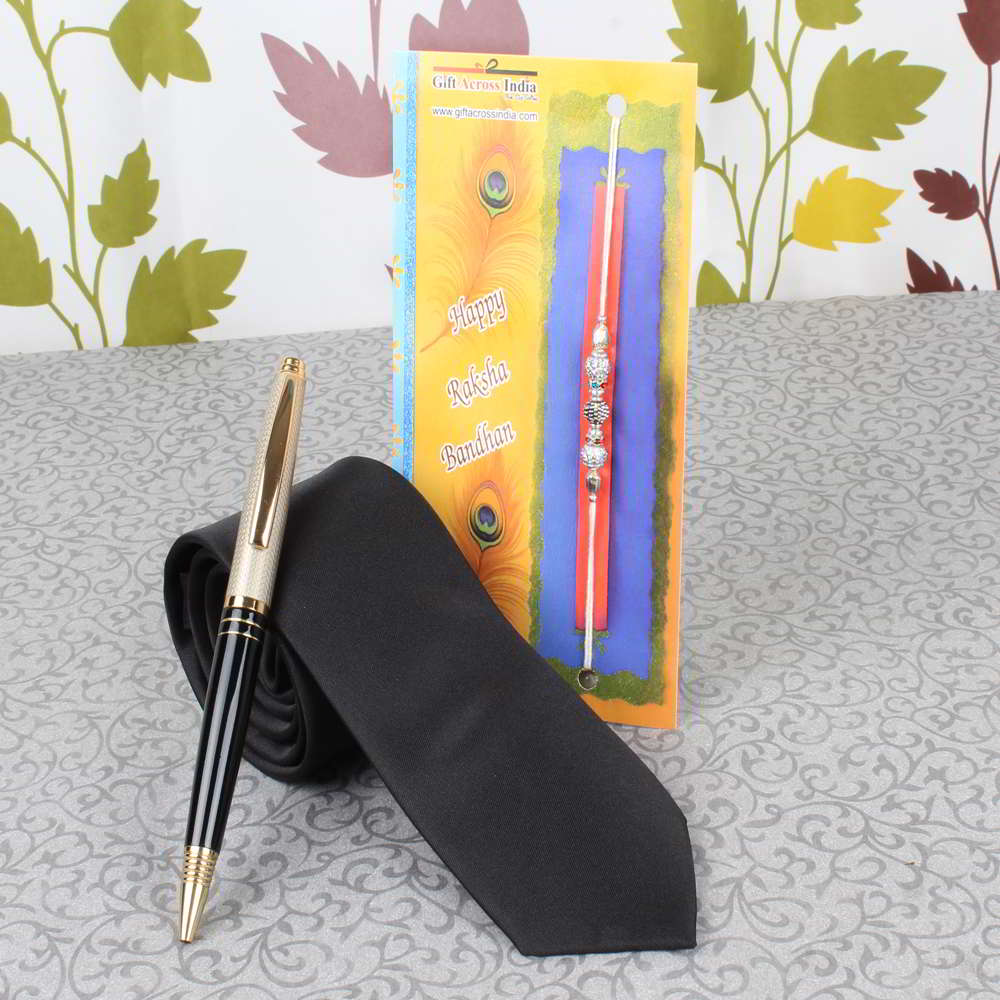 Black Modest Tie and Pen Rakhi Gift Combo