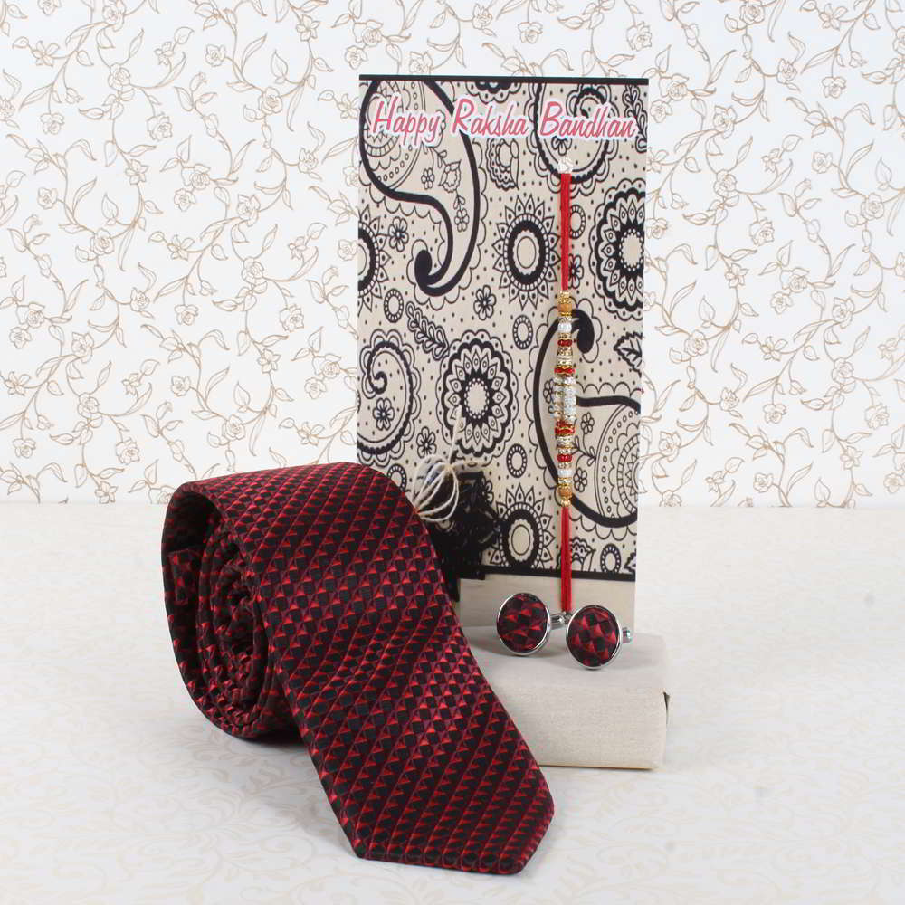 Red Maroon Weaved Printed Tie and Cufflinks Rakhi Gift Combo - UAE