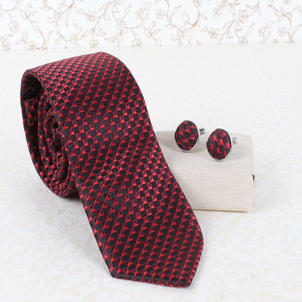 Red Maroon Weaved Printed Tie and Cufflinks Rakhi Gift Combo