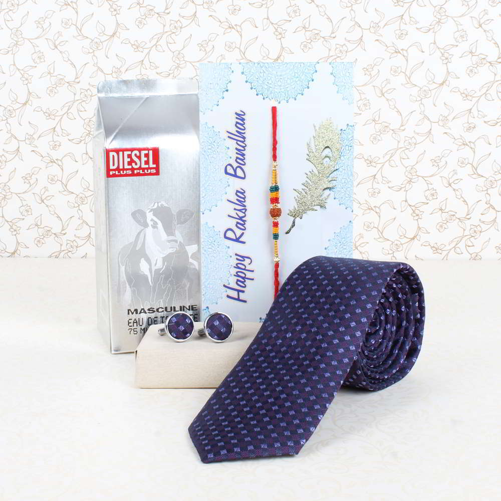 Rakhi with Purple Weaved Tie and Cufflink for Brother - Australia