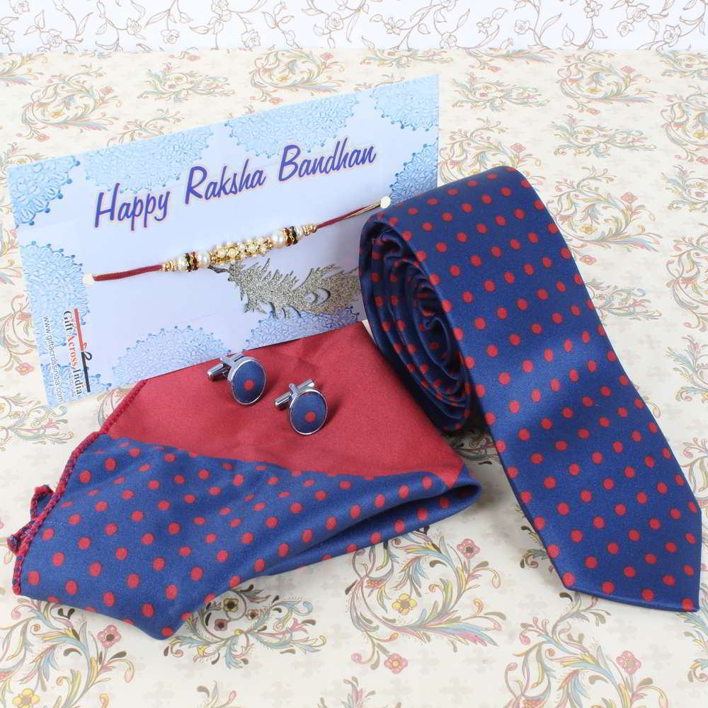 Rakhi Gift of Polka Dots Tie Cufflinks and Handkerchief - Australia