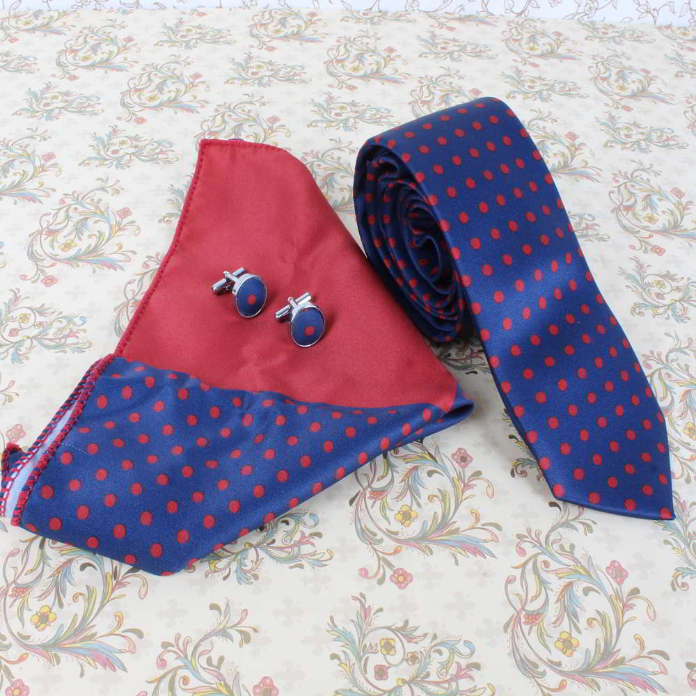 Rakhi Gift Combo of Polka Dots Tie Cufflinks and Handkerchief