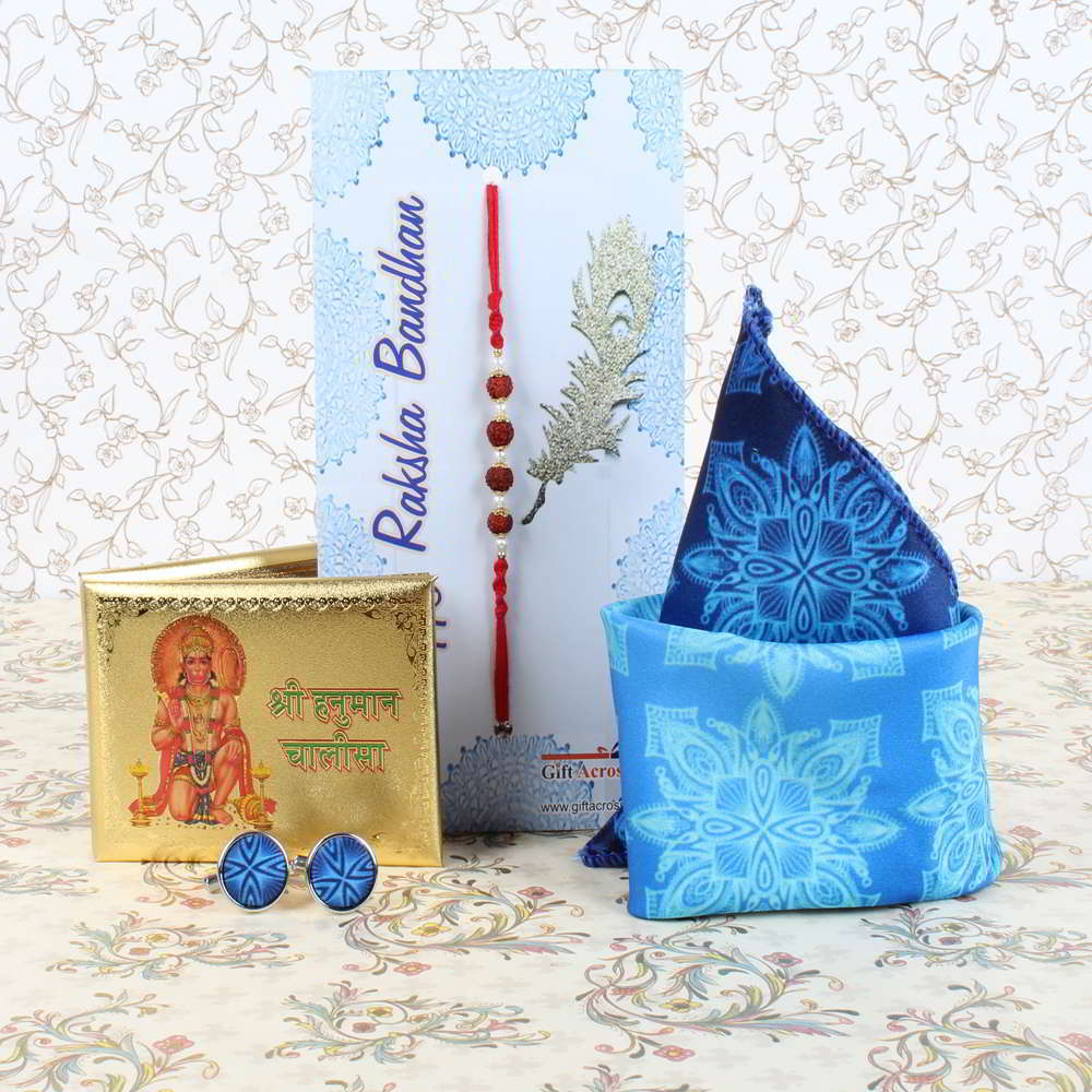 Designer Cufflinks and Handkerchief with Golden Plated Hanuman Chalisa Book Rakhi Combo - Australia