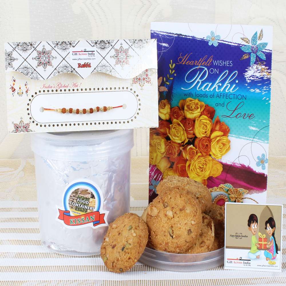 Assorted Dry Fruit Cookies with Rudraksha Rakhi Combo