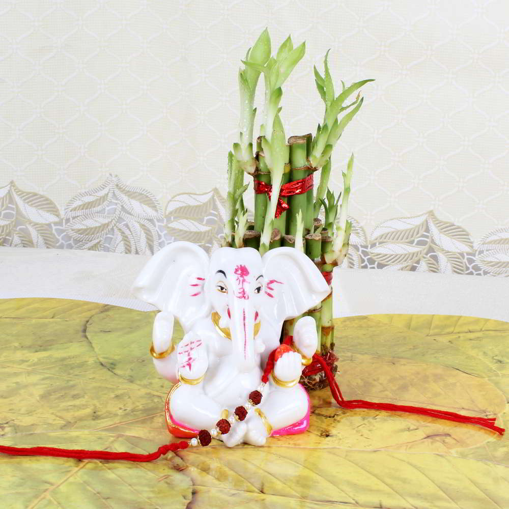 Rakhi Gift of Charming Ganesha Idol with Lucky Bamboo Plant