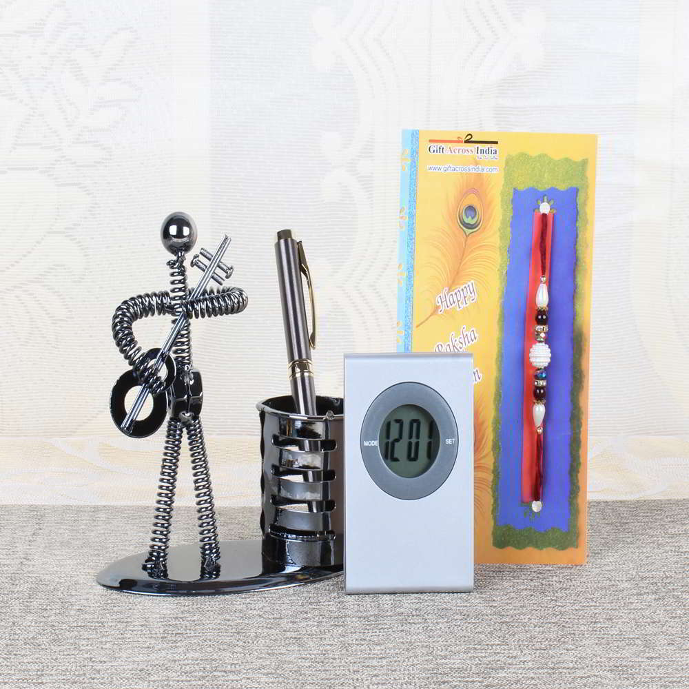 Rakhi Gift of Metal Man Spring Art Pen Holder and Clock - UK