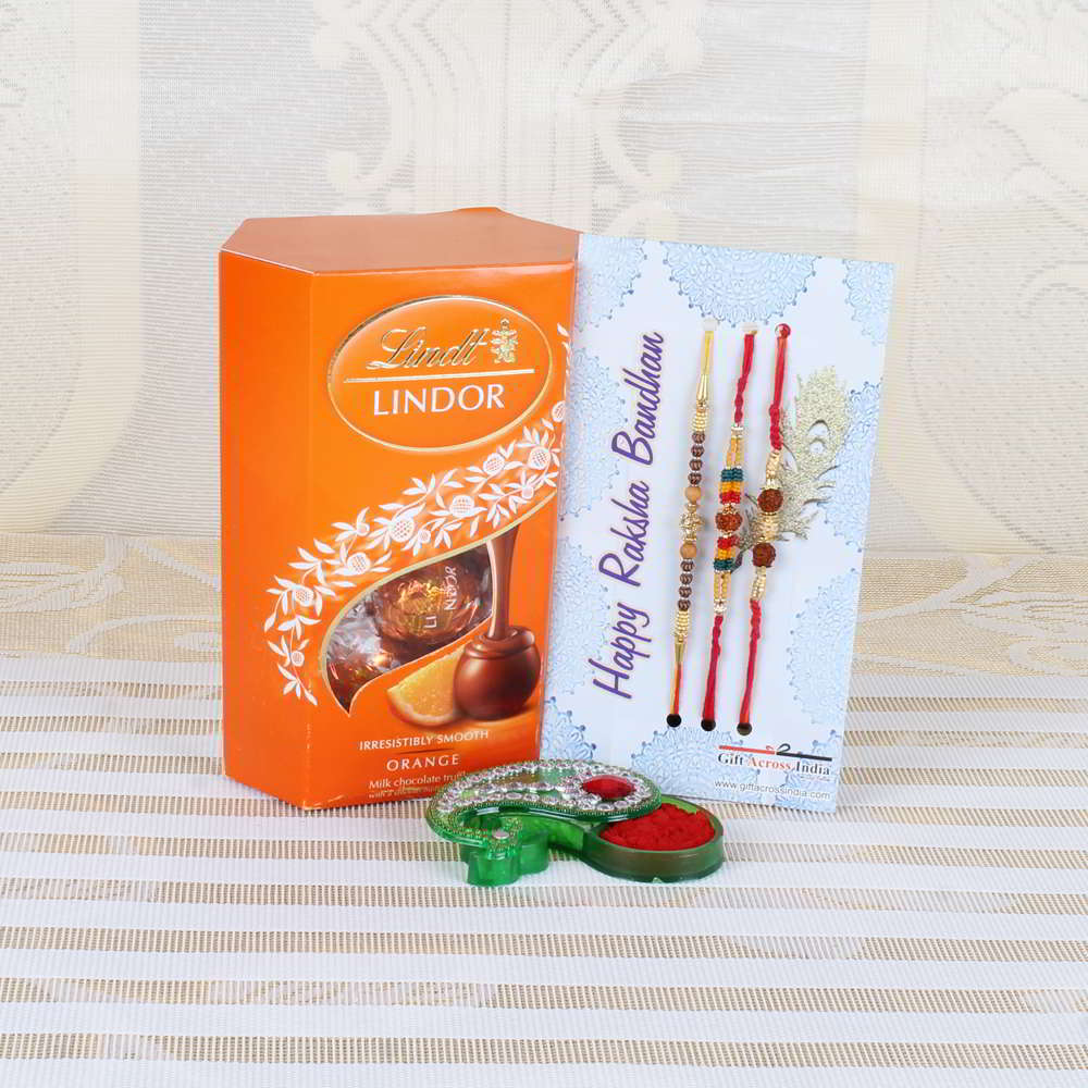 Attractive Three Rakhi with Lindt Lindor Orange Chocolate - Canada