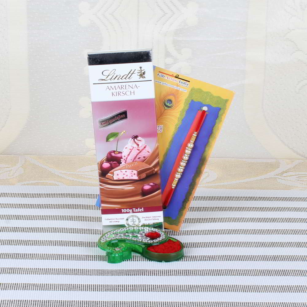 Lindt Amarena-Kirsch Chocolate with Pearl Diamond Beads Rakhi Combo - UAE