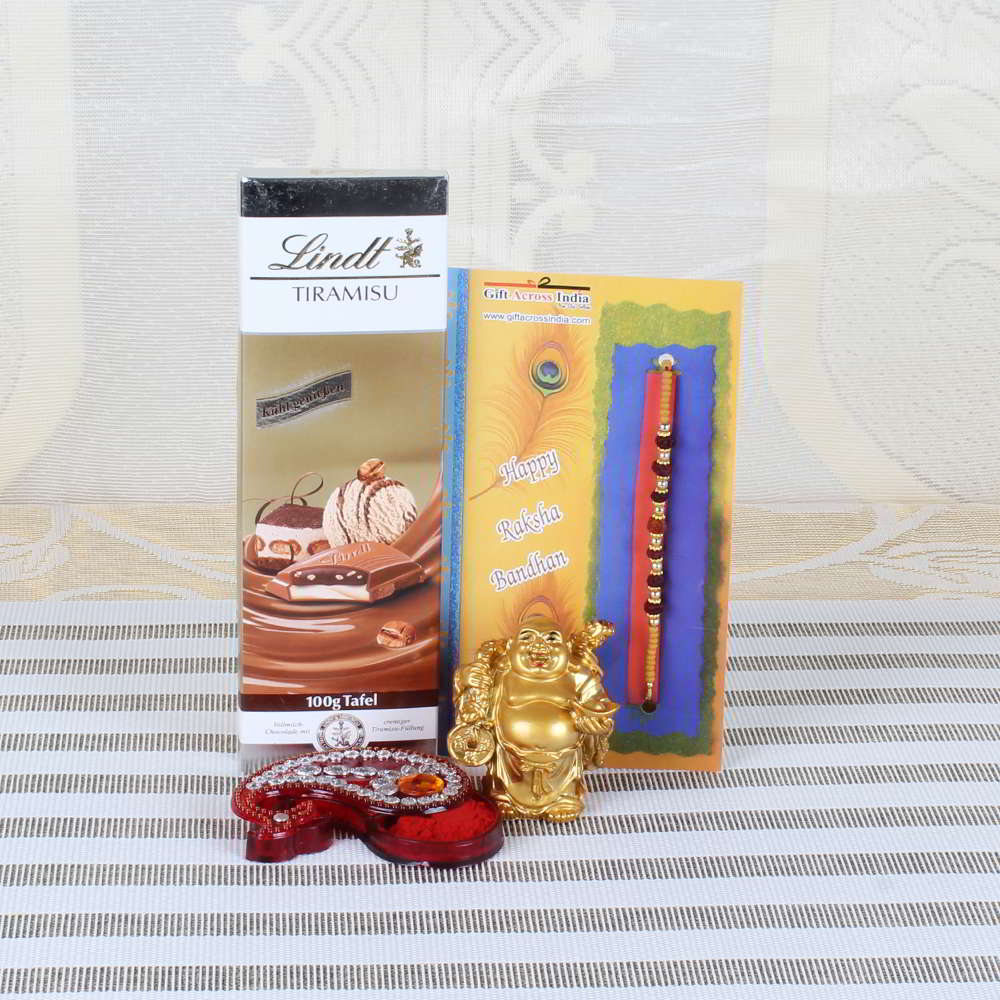 Rudraksha Rakhi with Lindt Tiramisu Chocolate and Laughing Buddha Combo - Canada