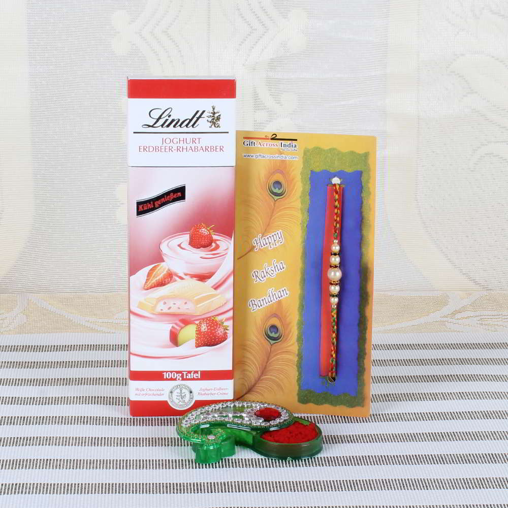 Designer Pearl Rakhi with Lindt Erdbeer-Rhabarber Chocolate - UAE