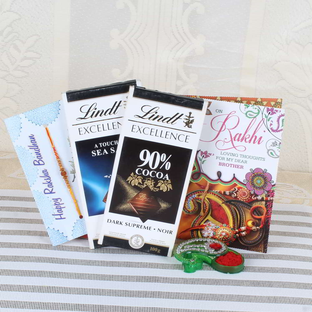 Two Lindt Excellence Chocolate with Rakhi and Greeting Card-USA