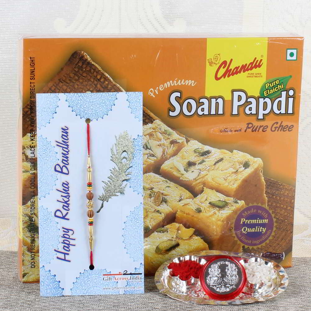 Mini Thali with Soan Papdi and Designer Beads Rakhi-Worldwide