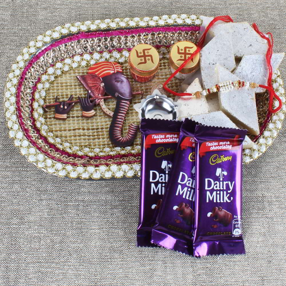 Ganesha Rakhi Puja Thali with Sweets and Chocolate - UAE