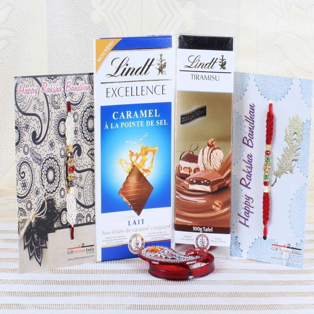 Two Designer Rakhi with Lindt Chocolate Bar Hamper