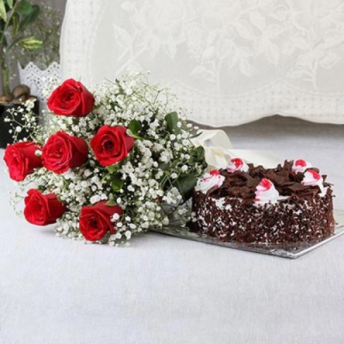 Eggless Black Forest Cake and Red Roses Bouquet