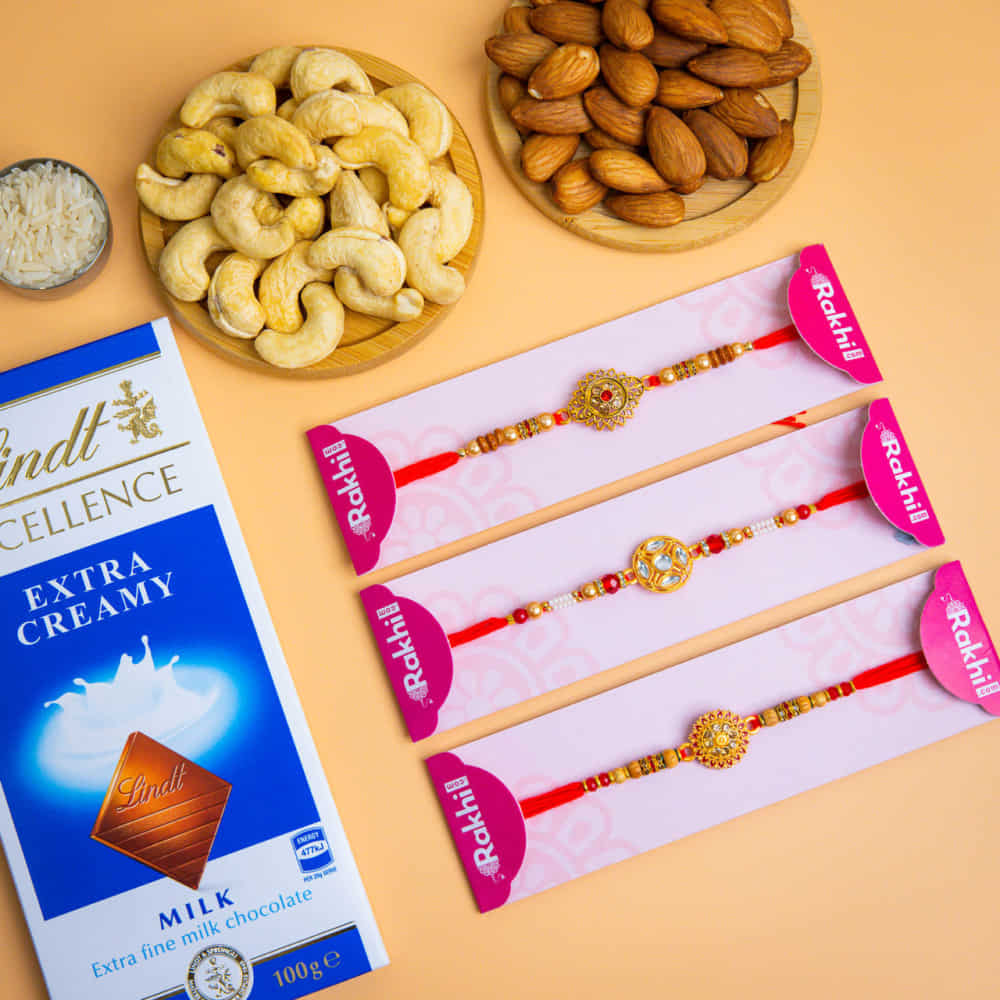 3 Rakhis with Lindt Chocolate and Mix Dry Fruits - For Australia