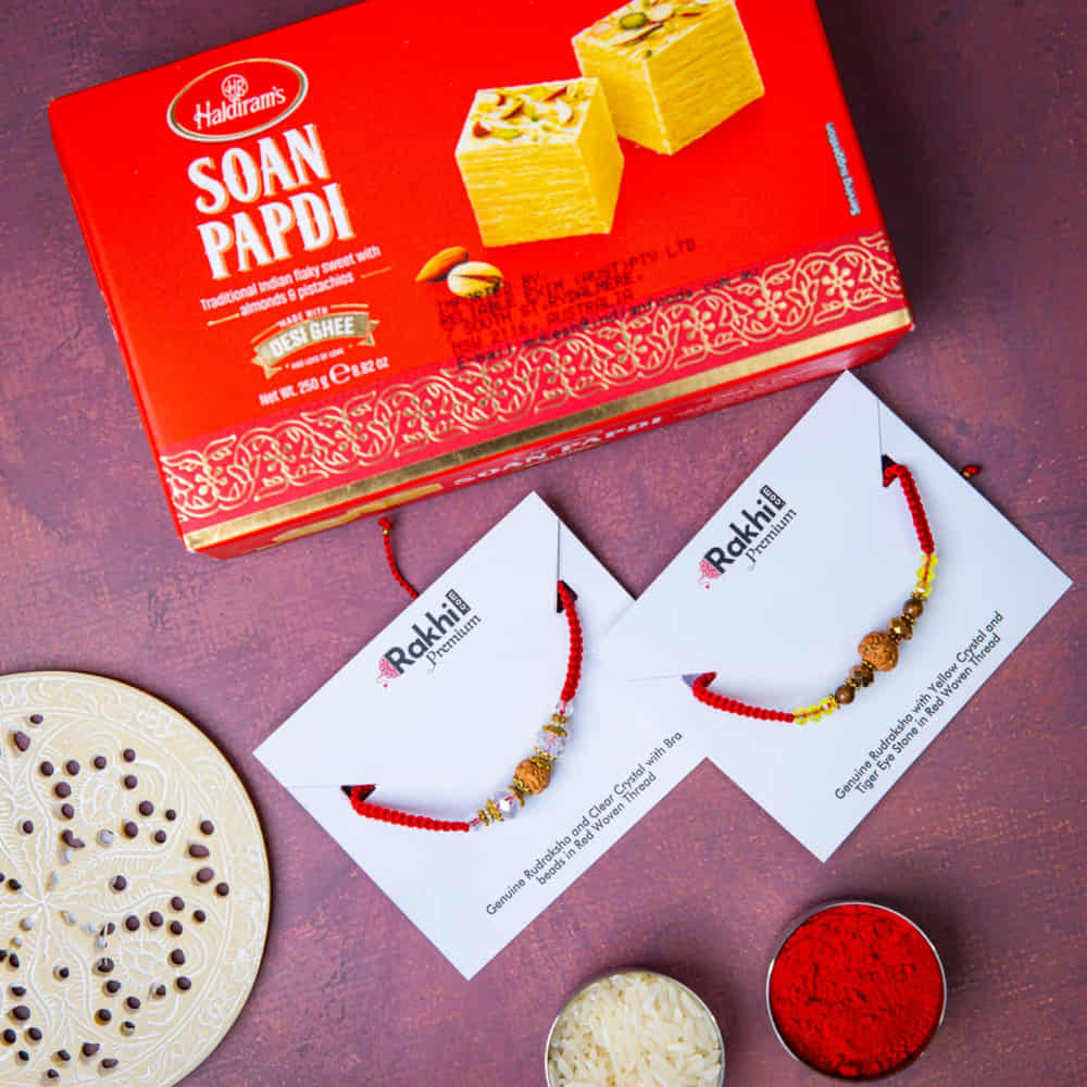 Two Premium Rudraksh Rakhi And Soan Papdi - For Australia