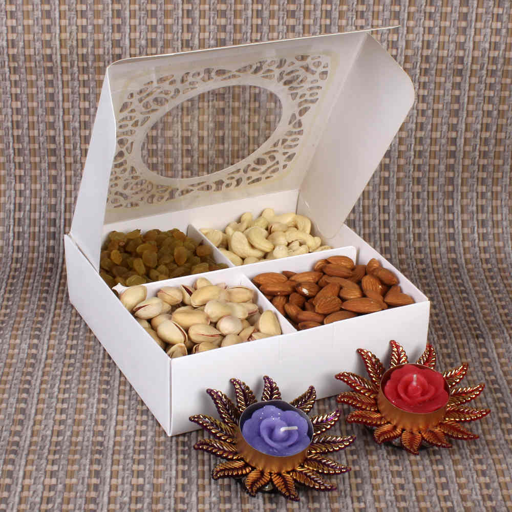 Assorted Dryfruit with Classy Pair of Diyas