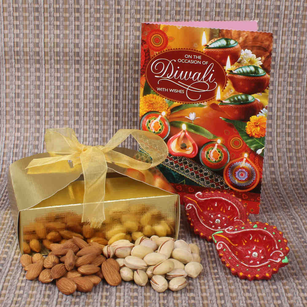 Diwali Hamper of Assorted Dryfruit Box with Earthen Diya