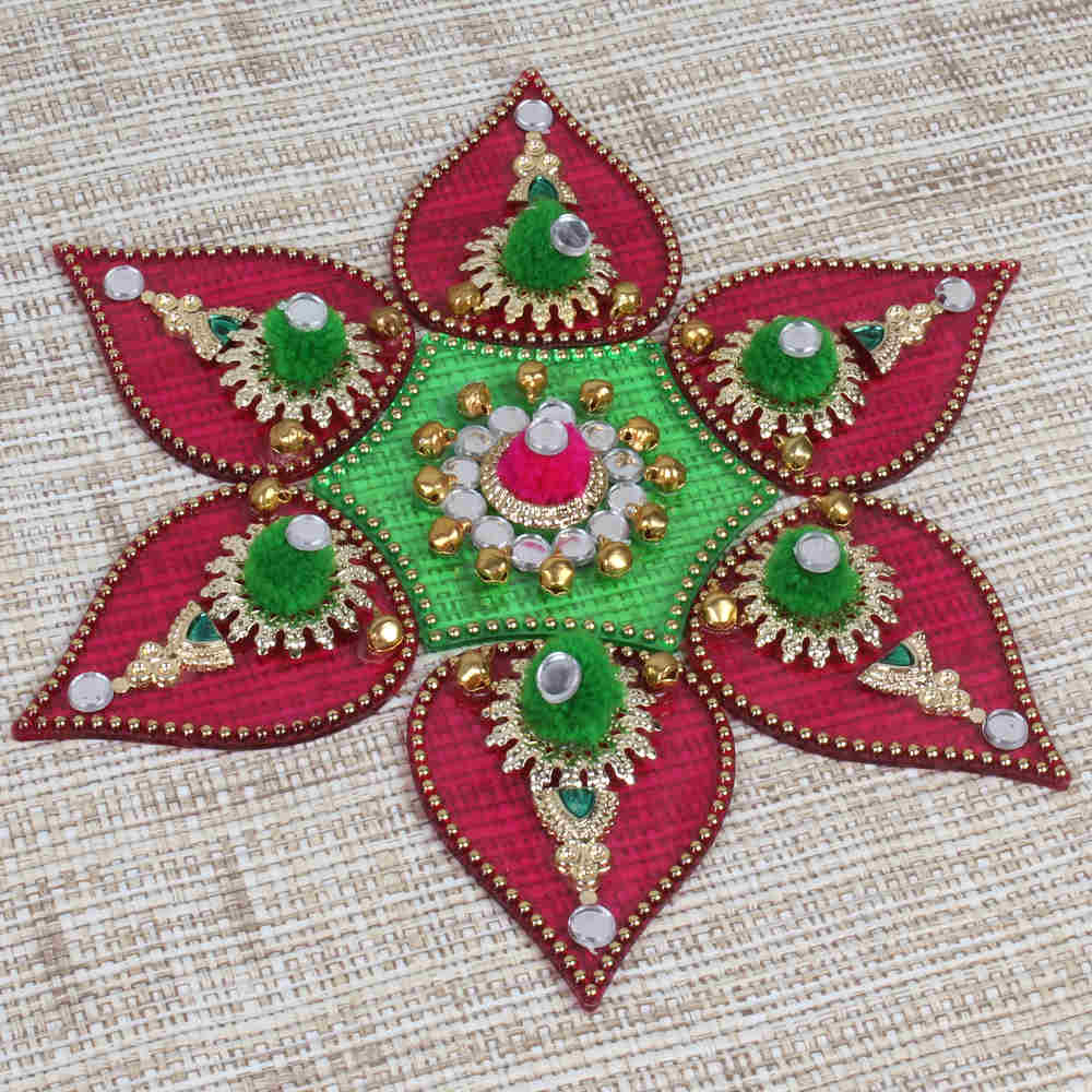 Royal Rangoli of Small Bells and Mirror studded with Mini Pompom Design