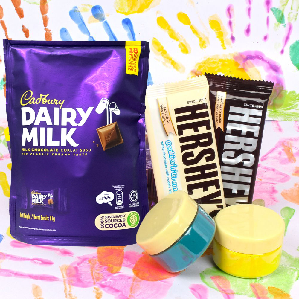 Cadbury Dairy Milk Miniatures and Hersheys Chocolate with Herbal Color for Special Holi