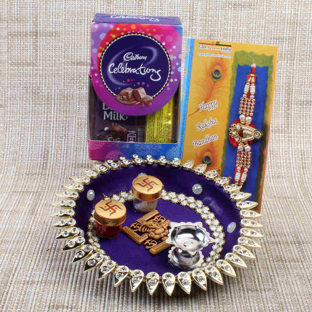 Swastika Designer Puja Thali with Mini Celebration Chocolate and Fancy Rakhi