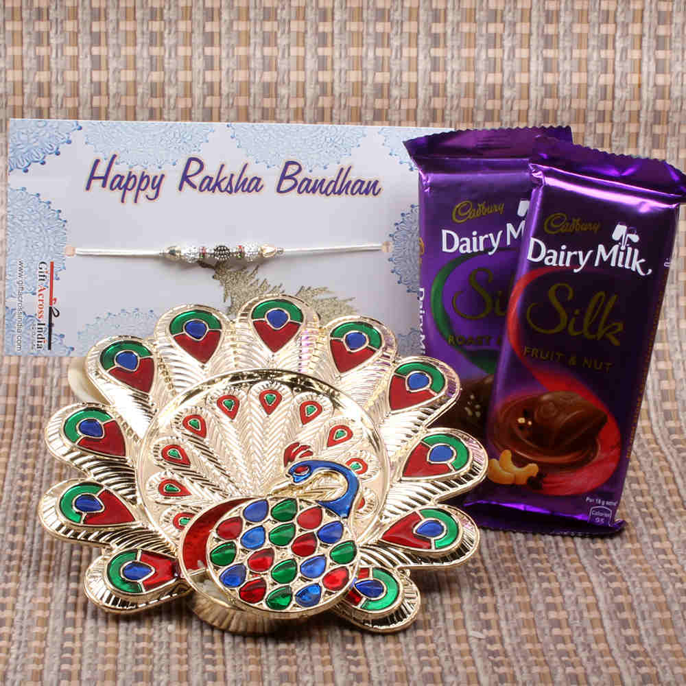 Beautiful Peacock Rakhi Thali with Cadbury Dairy Milk Silk Chocolate