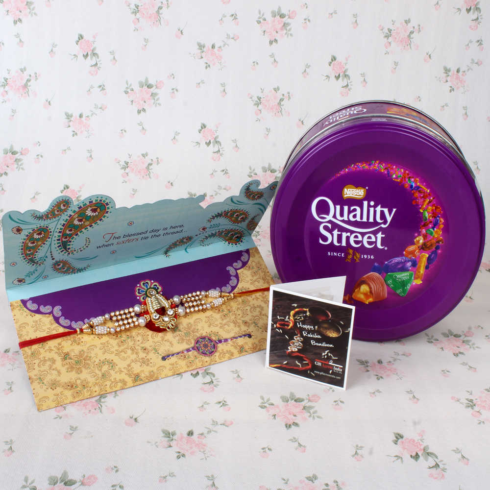 Kundan Designer Rakhi with Quality Street Chocolate - Worldwide