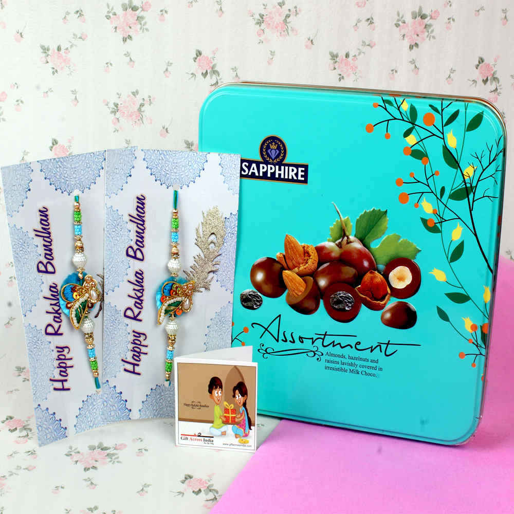 Assortment Chocolate with Two Designer Zardosi Rakhi