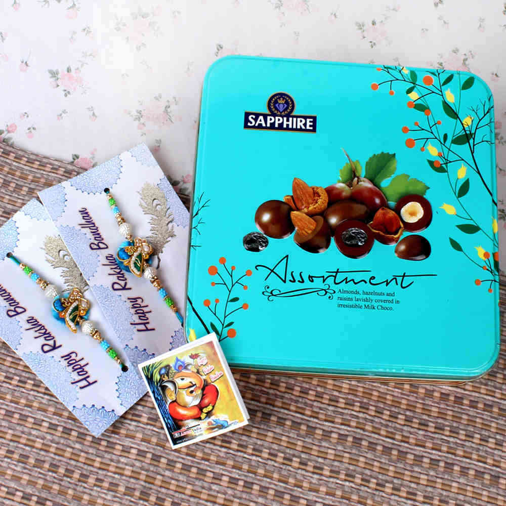 Assortment Chocolate with Two Striking Zardosi Rakhi