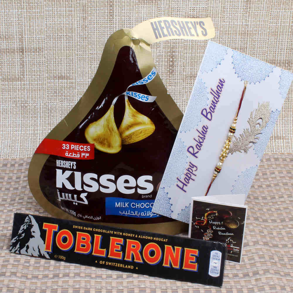 Combo of Hershey’s Kisses and Toblerone Chocolates with Tiny Pearl Rakhi