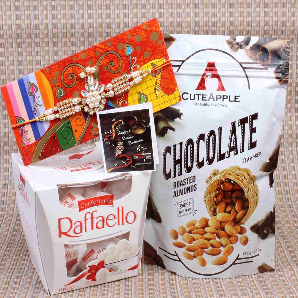Rakhi Gift of Raffaello and Almonds Chocolate with Kundan Rakhi
