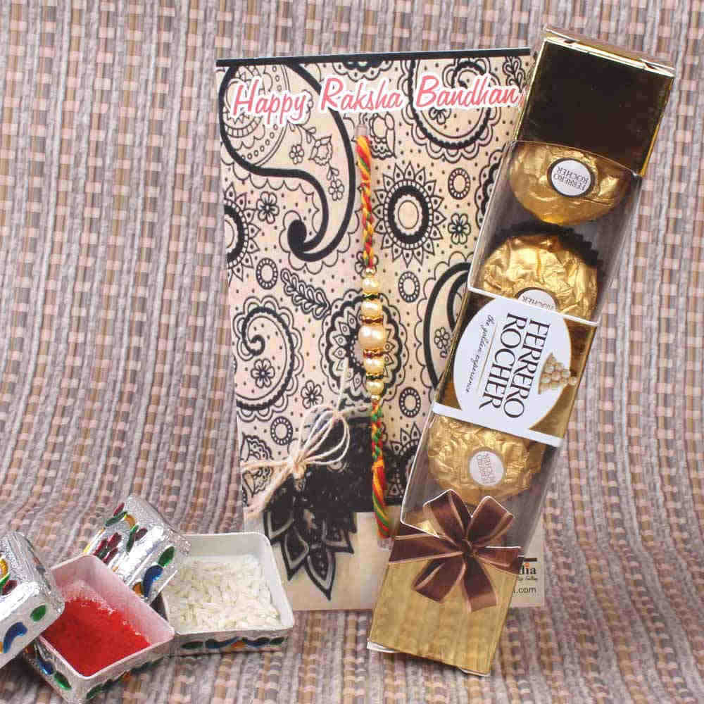 Pearl Rakhi and Rocher Chocolate Gift