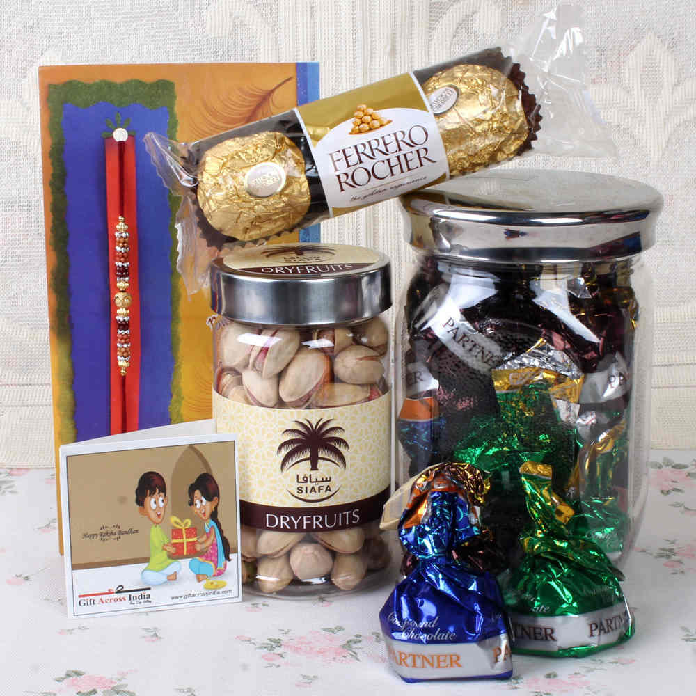 Designer Beads Fancy Rakhi with Dry fruits and Chocolates