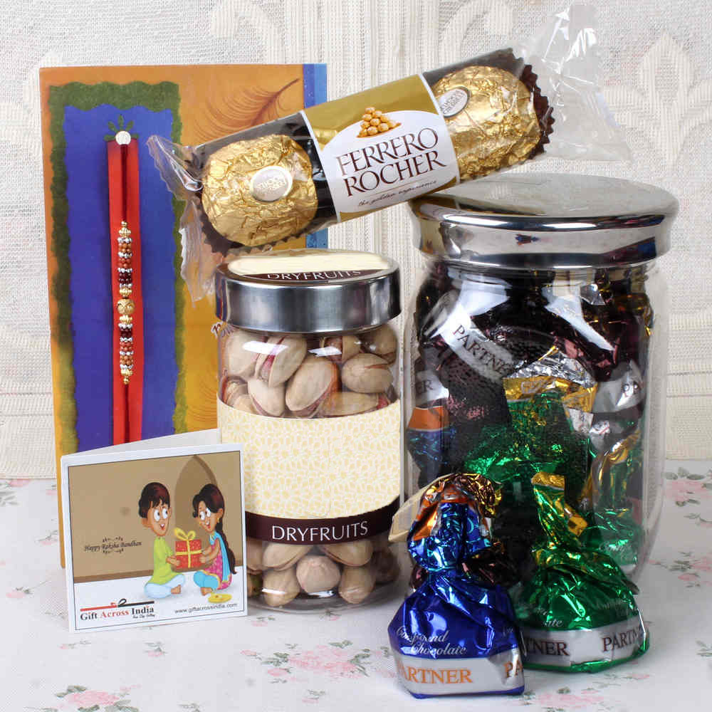 Designer Beads Rakhi with Dry fruits and Chocolates