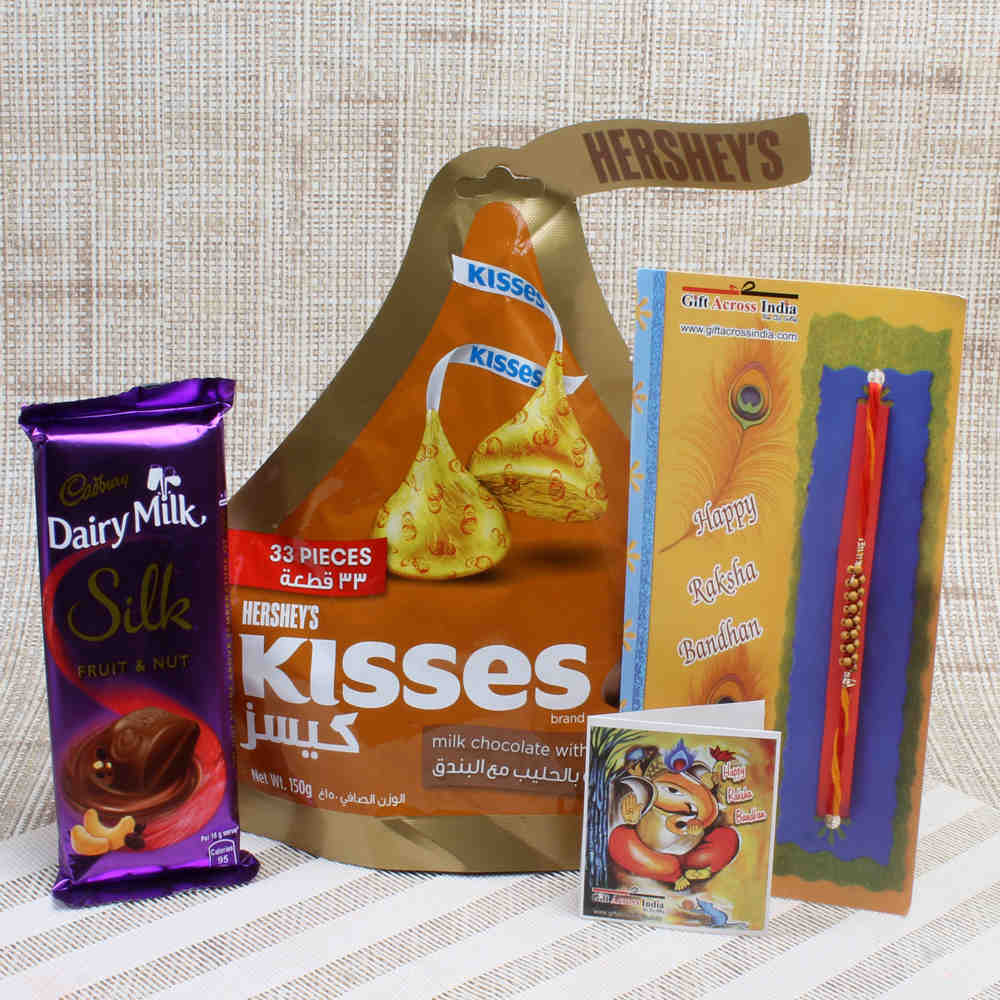 Cadbury Silk and Hershey’s Kisses with Tiny Beads Fancy Rakhi