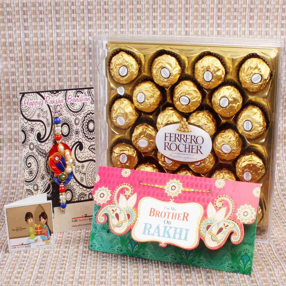 Beautiful Pearl Beads Zardosi Rakhi with Ferrero Rocher Chocolate and Card