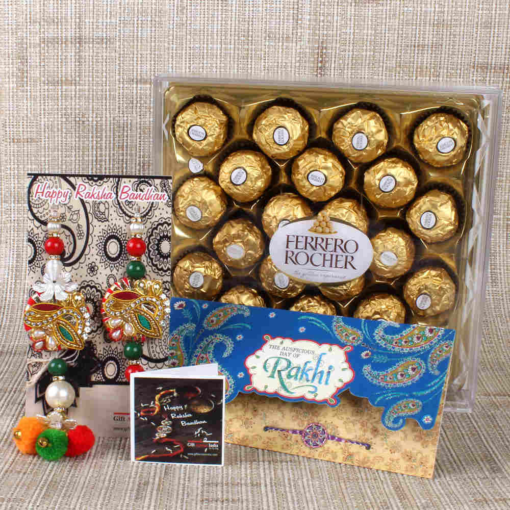Designer Bhaiya Bhabhi Rakhi with Card and Ferrero Rocher Chocolate